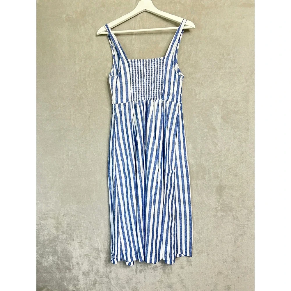 Old Navy Womens M Linen Blend Dress Pockets Blue White Stripe Nautical Bohochic - Picture 2 of 9